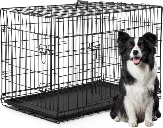XL Dog Crate Dog Kennel Cage with Double Door,42 Inch Folding Metal Wire Dog Cage with Removable Tray&Divider Panel,Pet Crate for Medium Large Dogs,Black